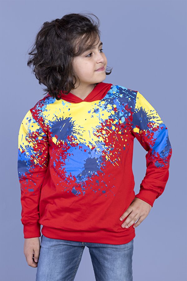 Toontoy Erkek Çocuk Kapüşonlu Renkli Püskürtme Baskılı Sweatshirt