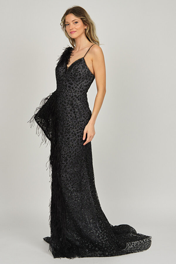 Tiara Kadın Tül Detaylı Derin Yırtmaçlı Abiye Elbise 5946149 Siyah