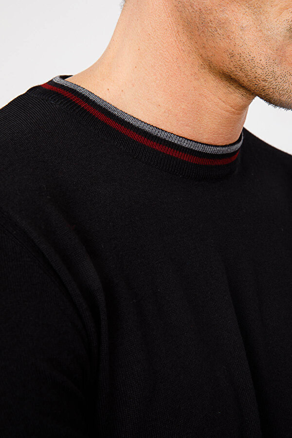 Desen Triko Erkek Yaka Kenarı Çizgili Bisiklet Yaka Yün Kazak 02421612 Siyah