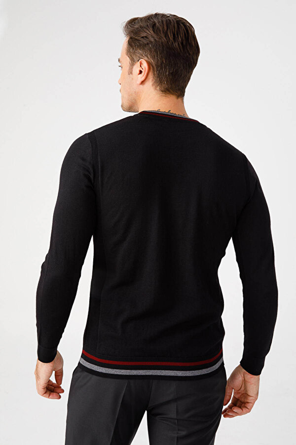 Desen Triko Erkek Yaka Kenarı Çizgili Bisiklet Yaka Yün Kazak 02421612 Siyah