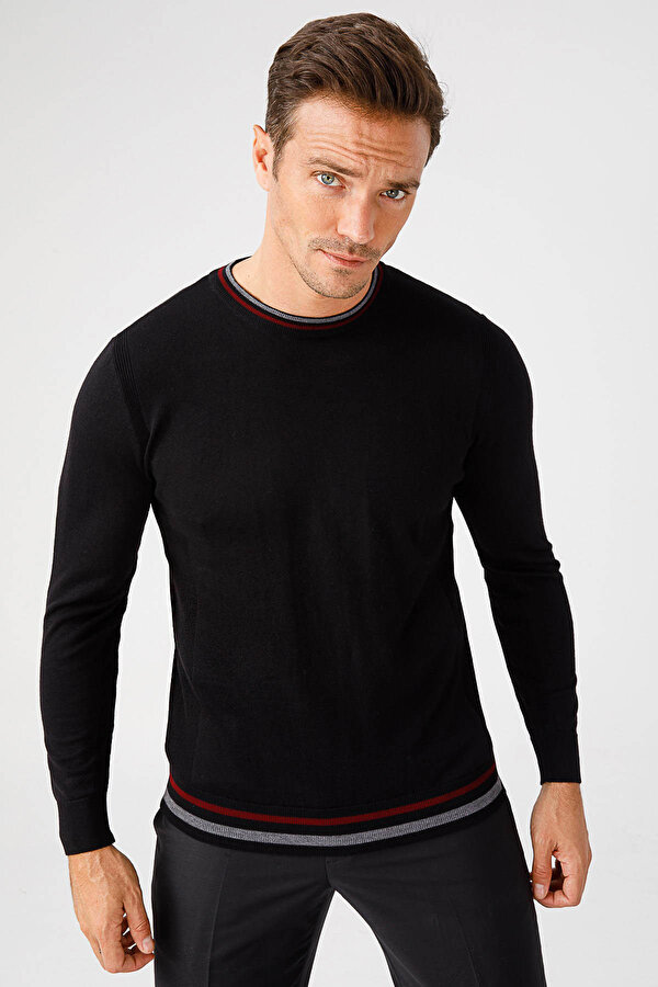 Desen Triko Erkek Yaka Kenarı Çizgili Bisiklet Yaka Yün Kazak 02421612 Siyah