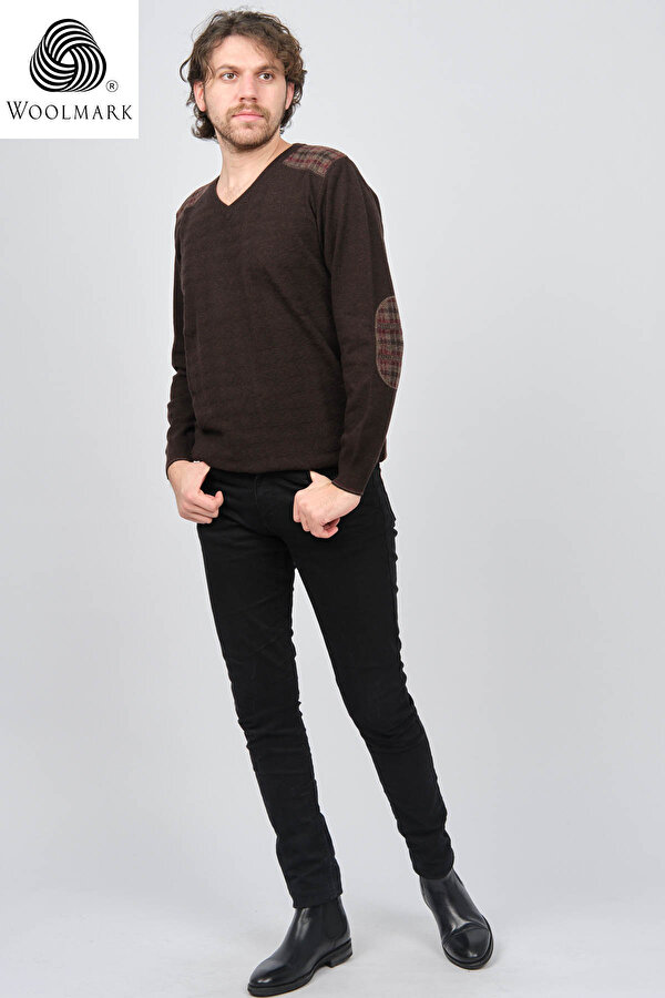 Desen Triko Erkek V Yaka Saf Yün Kazak 0246538 Kahverengi