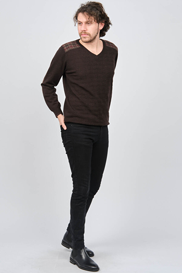 Desen Triko Erkek V Yaka Saf Yün Kazak 0246538 Kahverengi