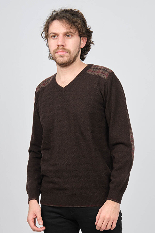 Desen Triko Erkek V Yaka Saf Yün Kazak 0246538 Kahverengi