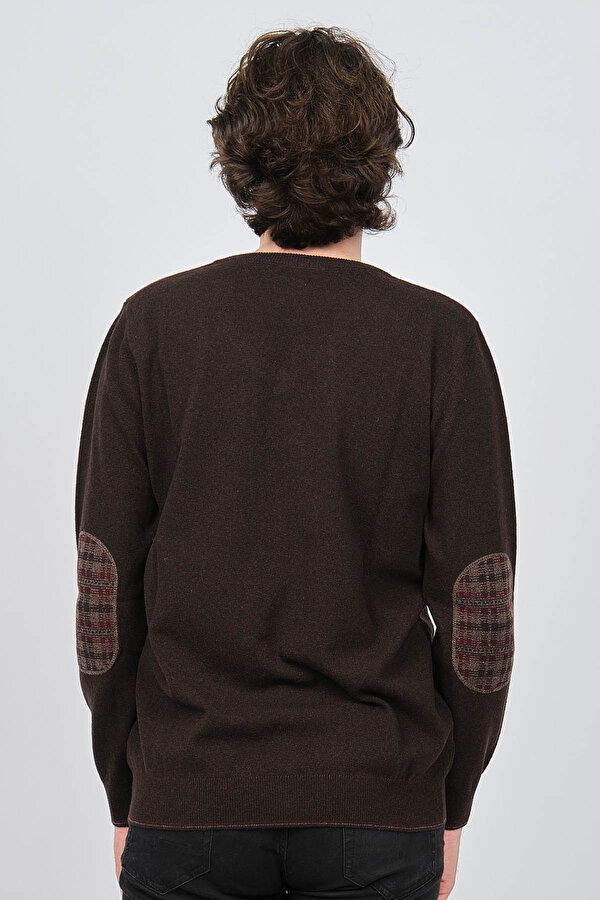 Desen Triko Erkek V Yaka Saf Yün Kazak 0246538 Kahverengi