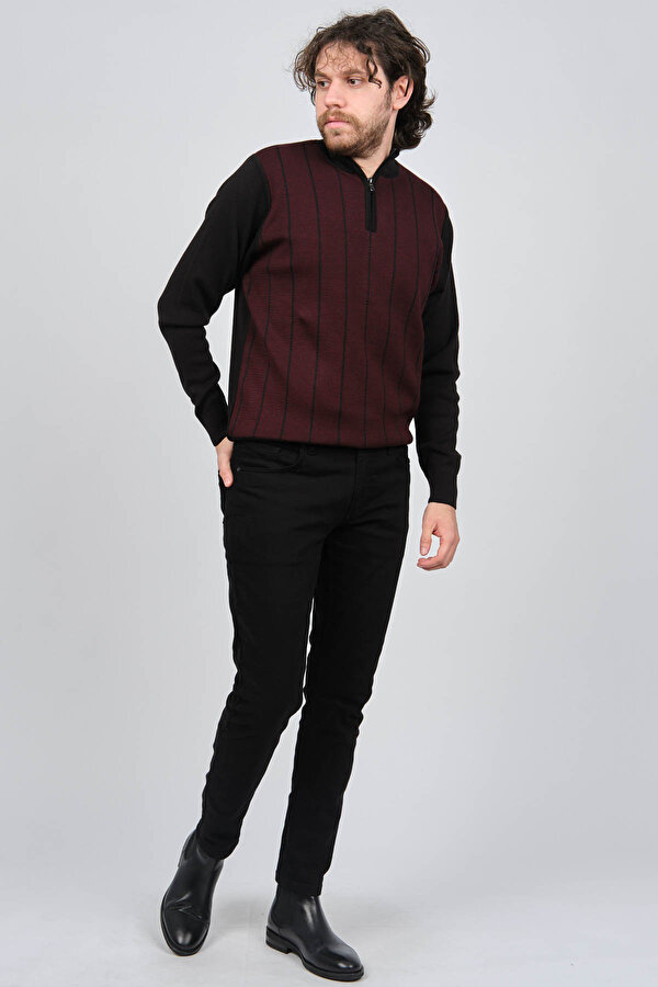 Pave Erkek Çizgi Desenli Fermuarlı Yün Kazak 4539190 Bordo