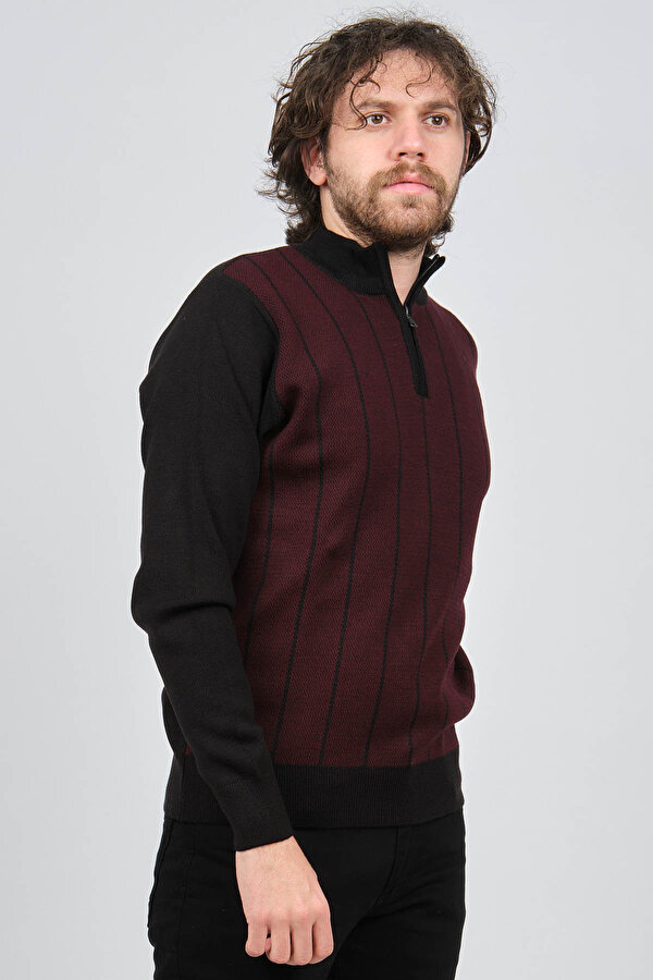 Pave Erkek Çizgi Desenli Fermuarlı Yün Kazak 4539190 Bordo