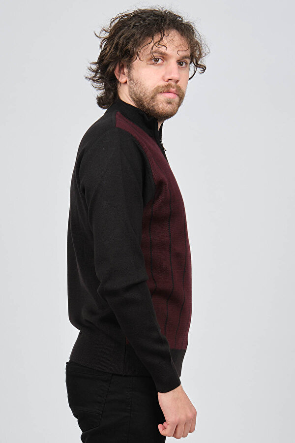 Pave Erkek Çizgi Desenli Fermuarlı Yün Kazak 4539190 Bordo