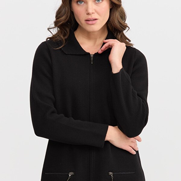 Desen Triko Kadın Polo Yaka Cebi Fermuarlı Yün Hırka 0242128 Siyah