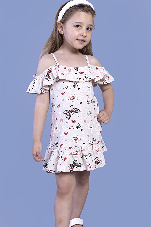 Toontoy Kız Çocuk Kayık Yaka Kelebek Desenli Elbise