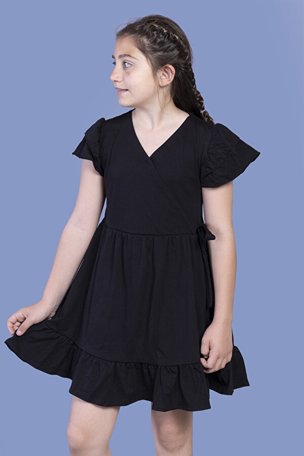 Toontoy Kız Çocuk Yandan Bağlama Detaylı Kruvaze Elbise