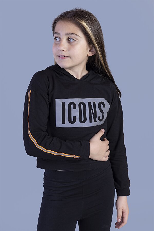 Toontoy Kız Çocuk Crop Model Reflektör Baskılı Şerit Detaylı Tişört