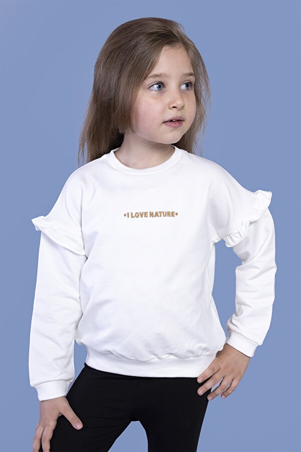 Toontoy Kız Çocuk Kolları Fırfır Detaylı Nakışlı Sweatshirt