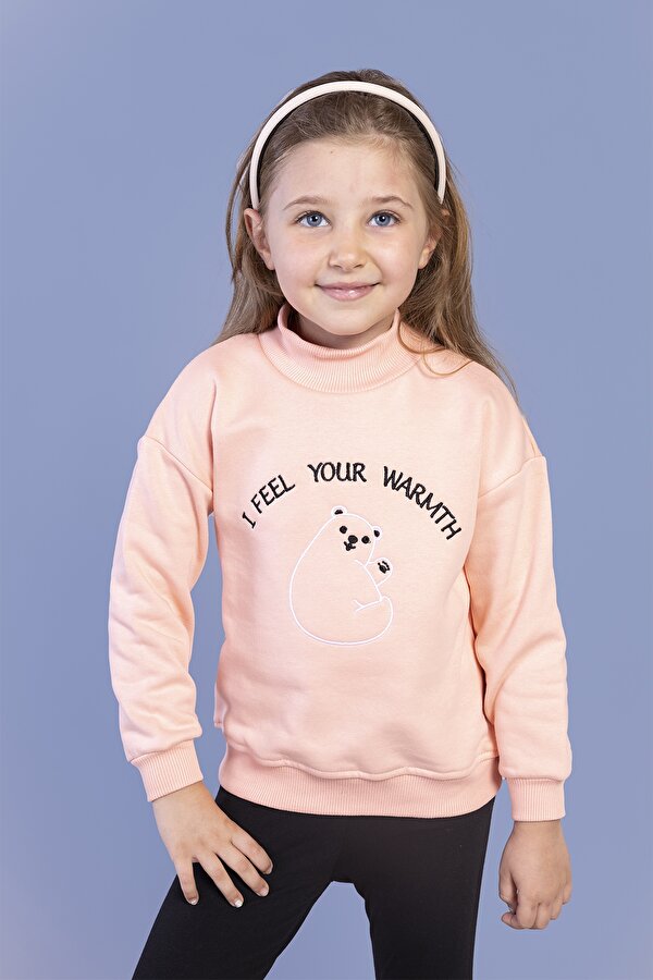Toontoy Kız Çocuk Nakışlı Balıkçı Yaka Pamuklu Sweatshirt
