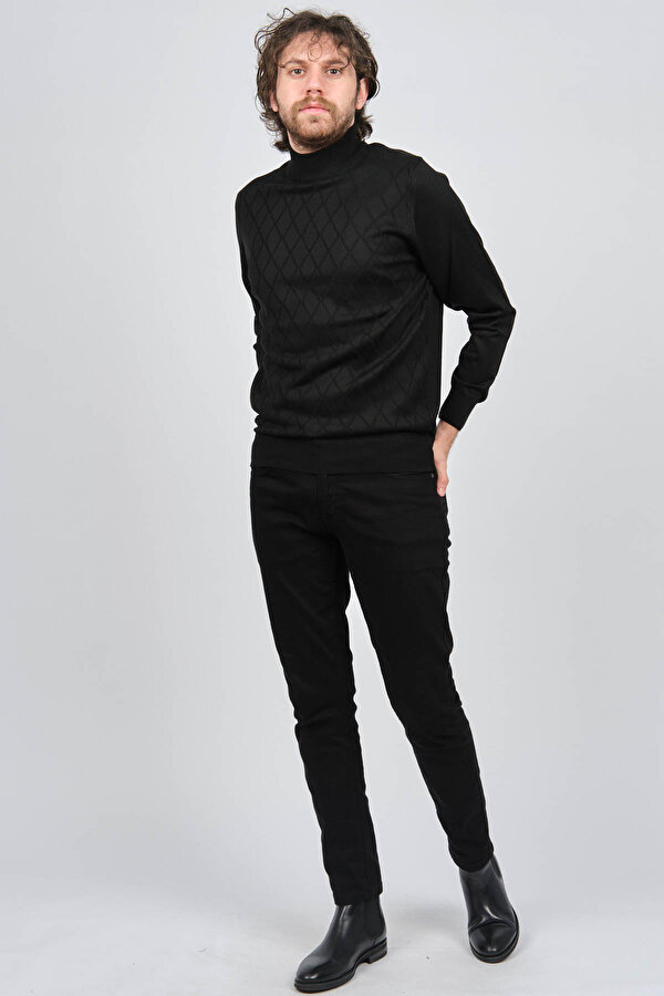 Pave Erkek Yarım Balıkçı Baklava Desenli Yün Kazak 4537220 Siyah