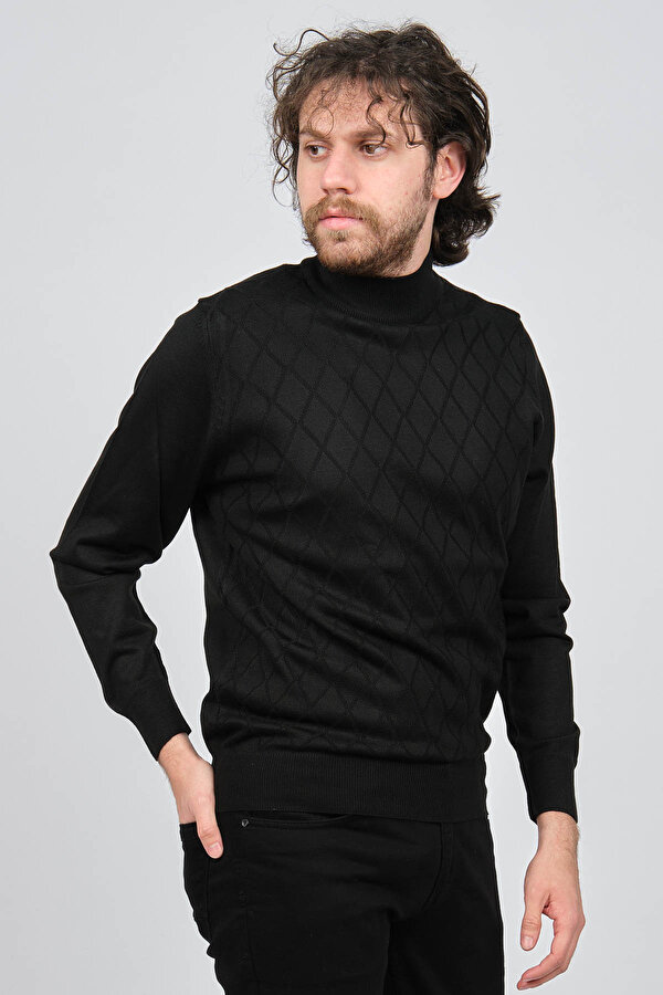 Pave Erkek Yarım Balıkçı Baklava Desenli Yün Kazak 4537220 Siyah