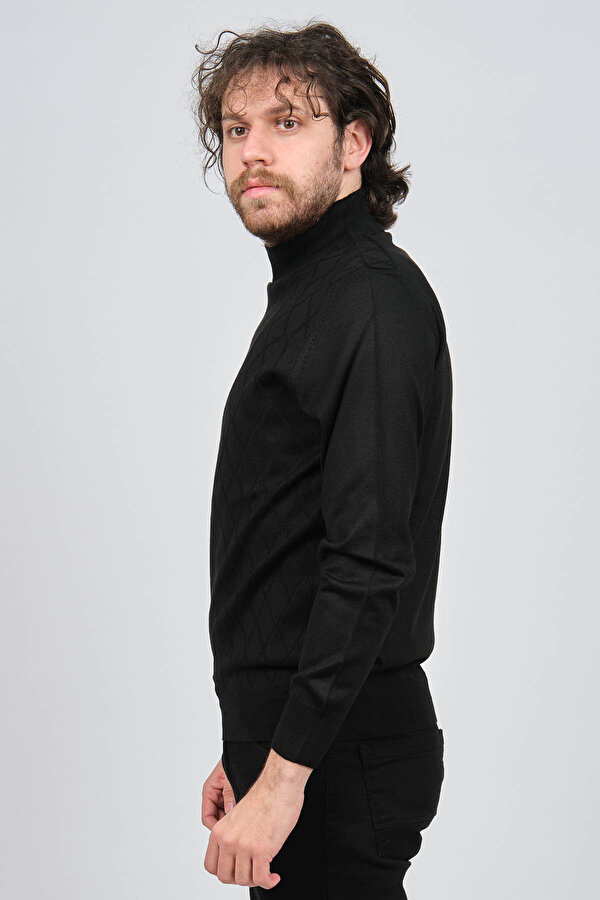 Pave Erkek Yarım Balıkçı Baklava Desenli Yün Kazak 4537220 Siyah