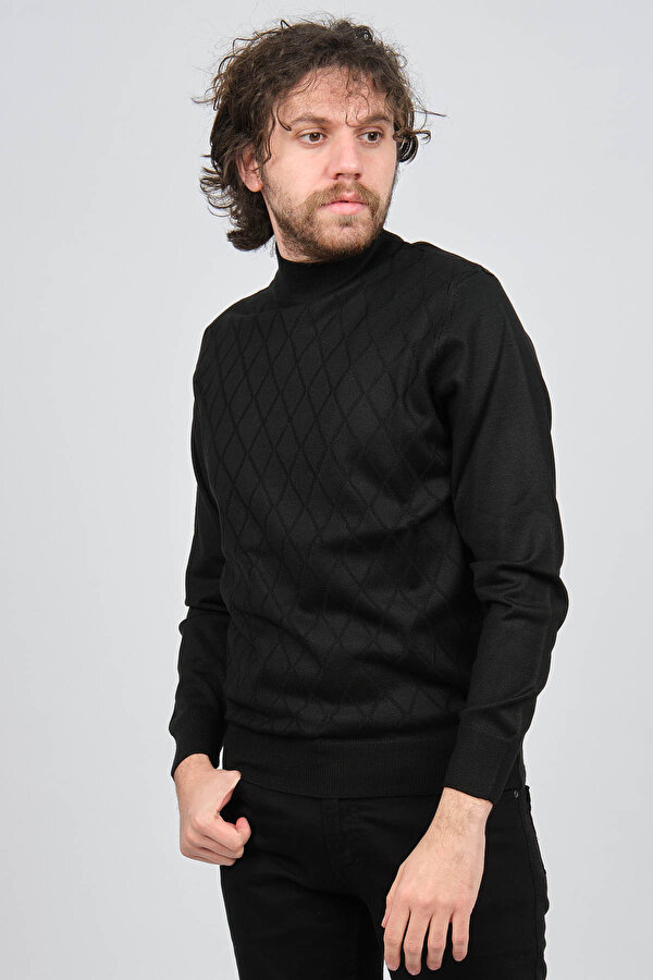 Pave Erkek Yarım Balıkçı Baklava Desenli Yün Kazak 4537220 Siyah