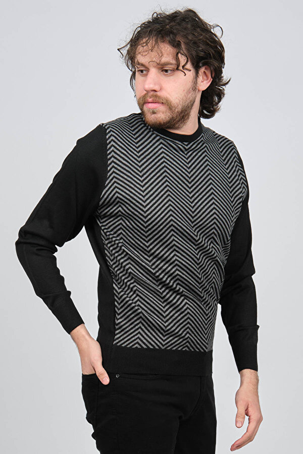 Pave Erkek Bisiklet Yaka Desenli Yün Kazak 4537043 Siyah