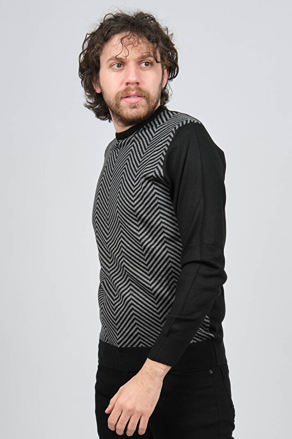 Pave Erkek Bisiklet Yaka Desenli Yün Kazak 4537043 Siyah