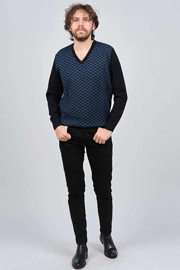 Pave Erkek V Yaka Desenli Yün Kazak 4539082 Lacivert