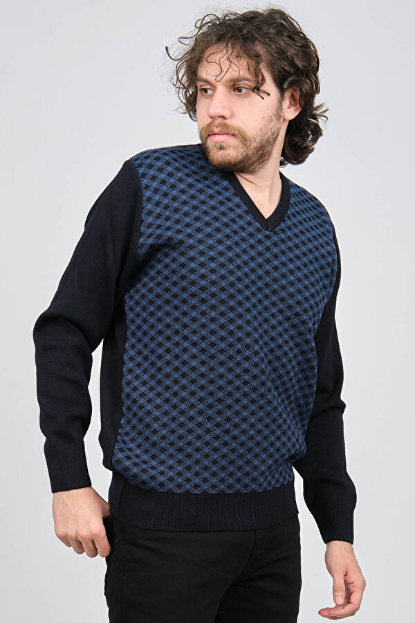 Pave Erkek V Yaka Desenli Yün Kazak 4539082 Lacivert