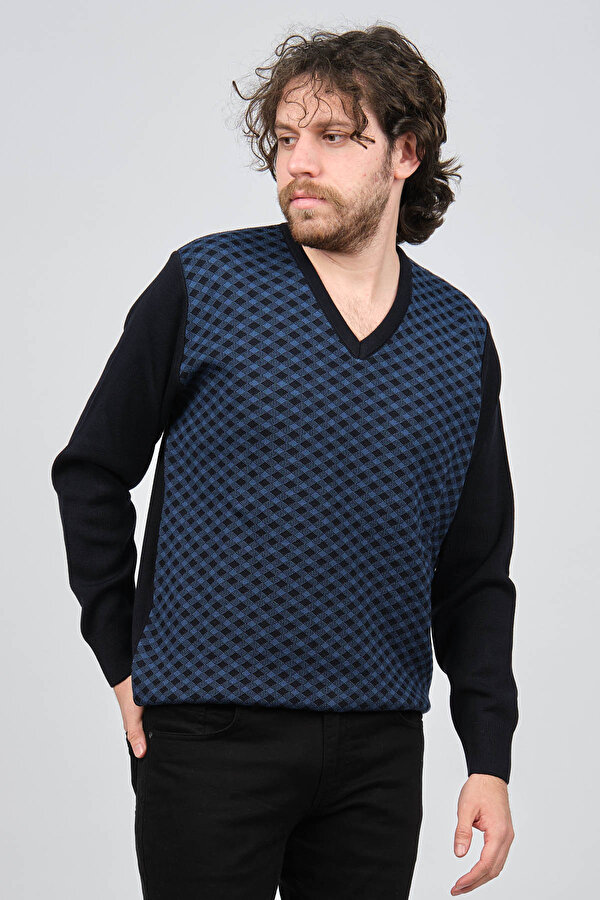 Pave Erkek V Yaka Desenli Yün Kazak 4539082 Lacivert