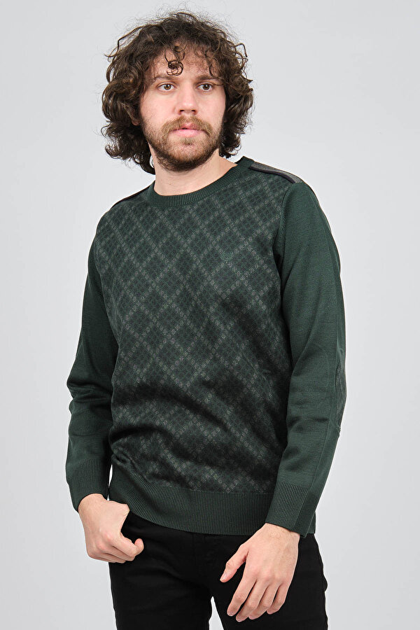 Pelikan Erkek Desenli Bisiklet Yaka Kazak Yeşil