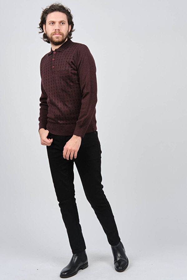 Çizgi Triko Erkek Cep Detaylı Polo Yaka Desenli Kazak 42544216 Bordo