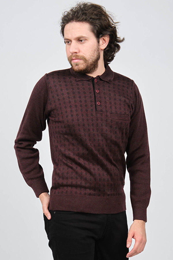 Çizgi Triko Erkek Cep Detaylı Polo Yaka Desenli Kazak 42544216 Bordo