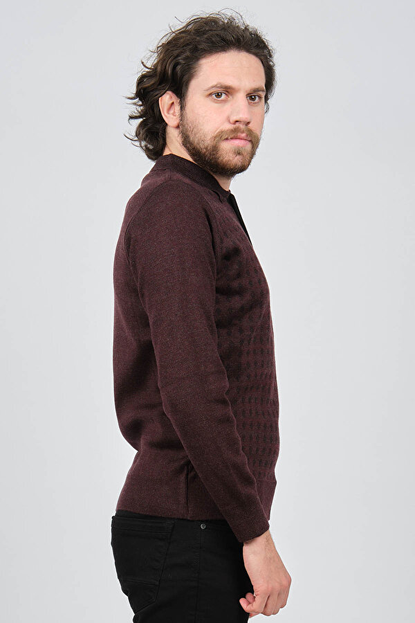 Çizgi Triko Erkek Cep Detaylı Polo Yaka Desenli Kazak 42544216 Bordo