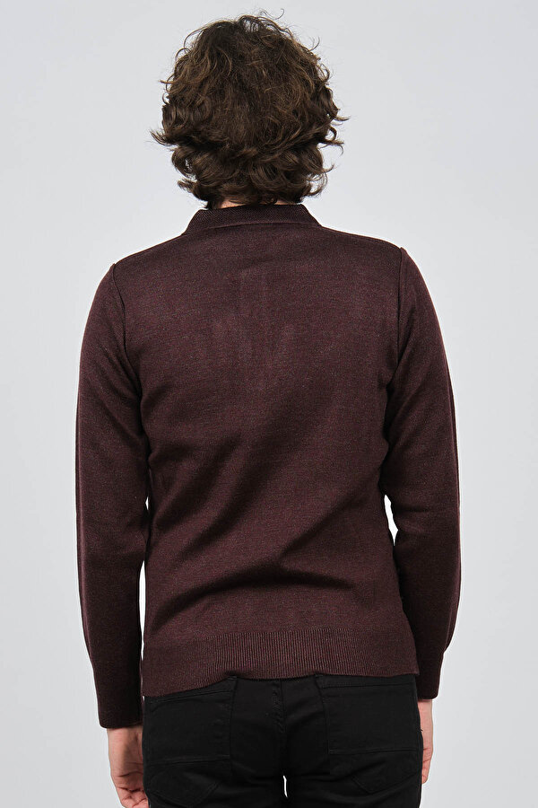 Çizgi Triko Erkek Cep Detaylı Polo Yaka Desenli Kazak 42544216 Bordo