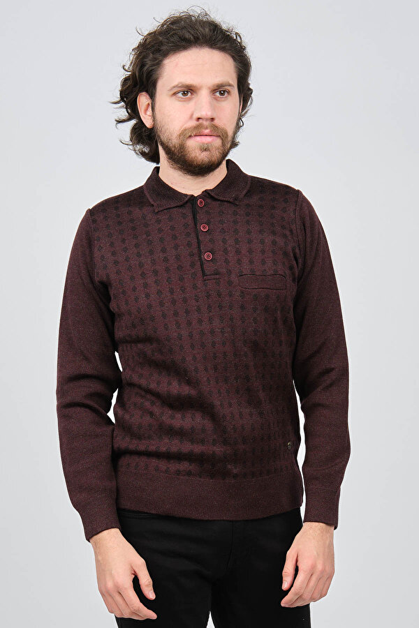 Çizgi Triko Erkek Cep Detaylı Polo Yaka Desenli Kazak 42544216 Bordo