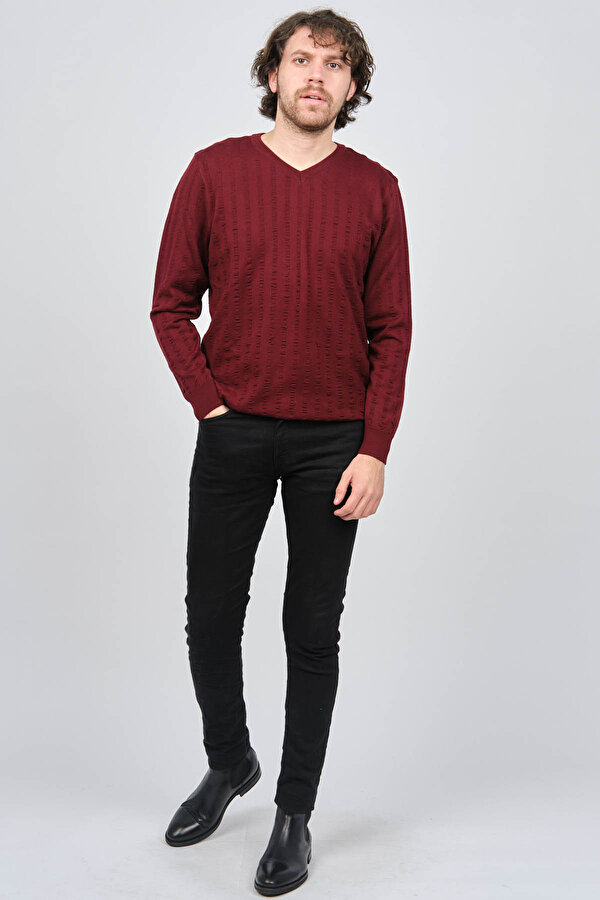 Desen Triko Erkek V Yaka Yün Kazak 0249626 Bordo