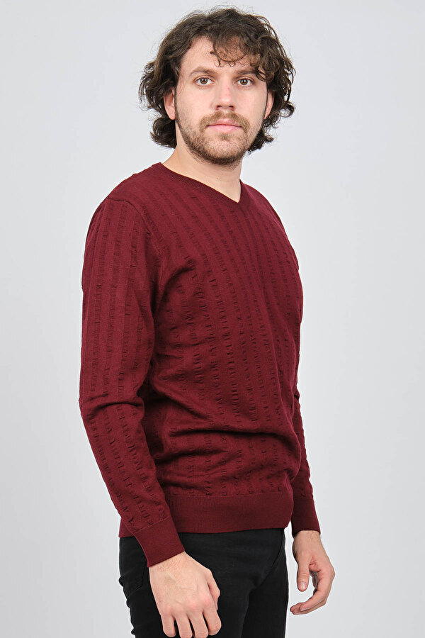 Desen Triko Erkek V Yaka Yün Kazak 0249626 Bordo