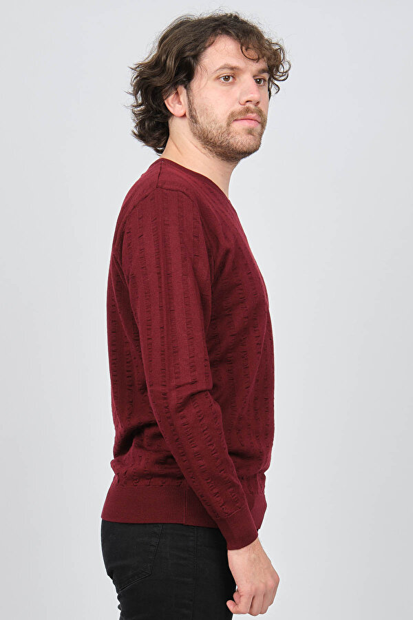 Desen Triko Erkek V Yaka Yün Kazak 0249626 Bordo