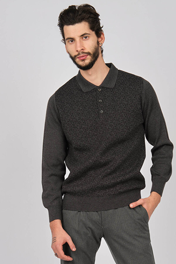 Woolman Erkek Desenli Polo Yaka Yün Kazak 1571033 Gri