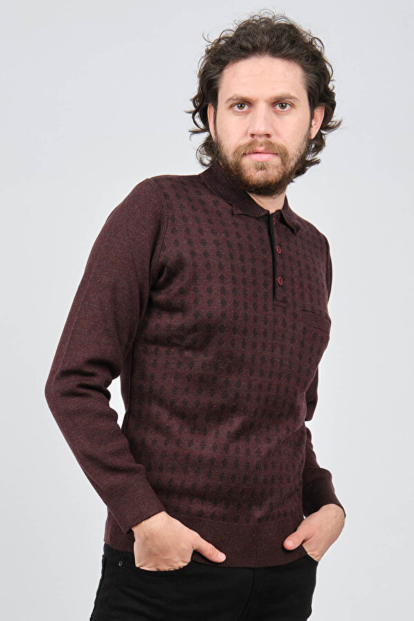 Çizgi Triko Erkek Cep Detaylı Polo Yaka Desenli Kazak 42544216 Bordo