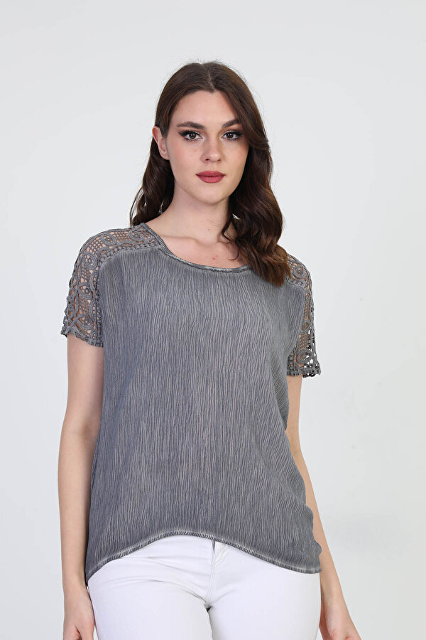 Ella Camelia Kadın Omzu Dantel Detaylı Bluz 5010062 Antrasit IV8905