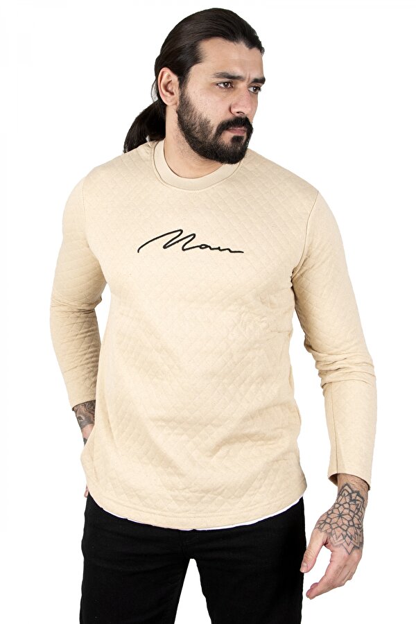 Deep Sea DeepSEA Erkek Bej Bisiklet Yaka Baklava Desenli Önü Nakışlı Kapitone Sweatshirt 2303095