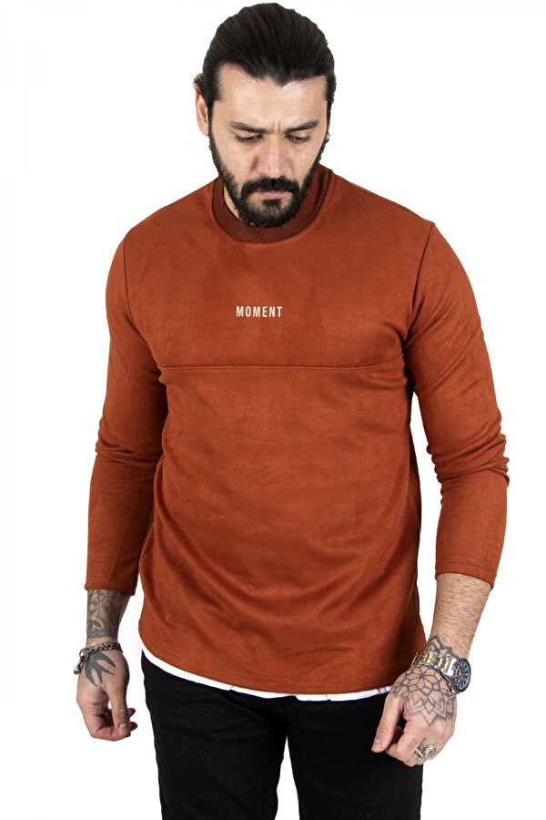 Deep Sea DeepSEA Erkek Kiremit Önü Moment Baskılı Bisiklet Yaka Kadife Sweatshirt 2303101