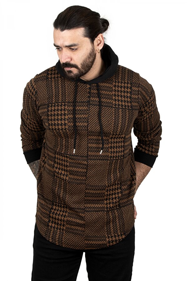 Deep Sea DeepSEA Erkek Kahve Kapüşonlu Piksel Desenli Eteği Oval Sweatshirt 2303120