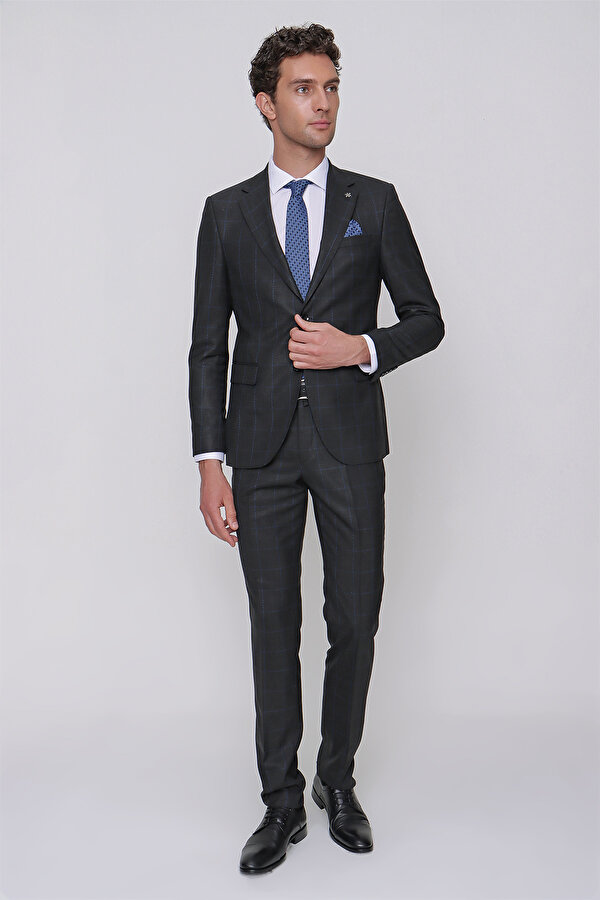 Morven Erkek Siyah Slim Fit Dar Kesim Ekose Kareli 6 Drop Takım Elbise