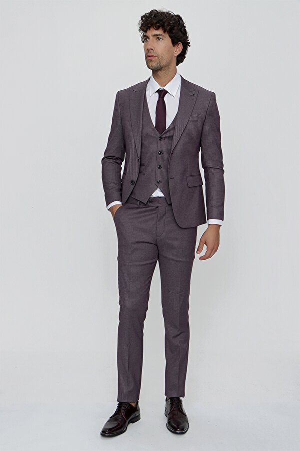 Morven Erkek Mürdüm Desenli Yelekli Slim Fit Dar Kesim 6 Drop Takım Elbise