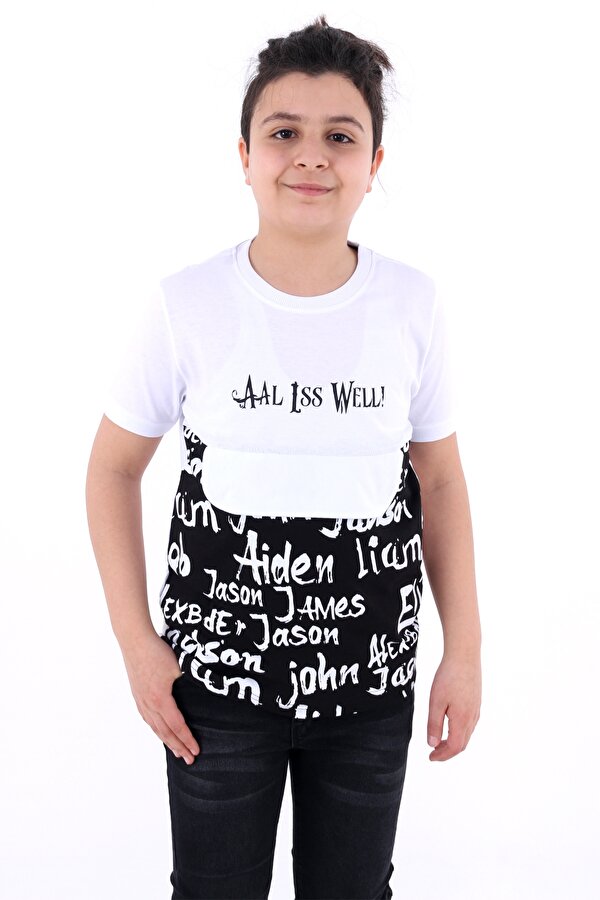 Cansın Mini Erkek Çocuk Beyaz Önü Cep Detay Yazılı 8-13 Yaş T-Shirt 4132-3