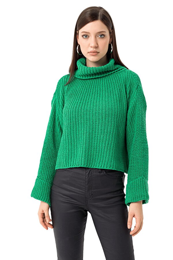 Butik Buruç Kadın Yeşil Boğazlı Kalın Örgü Kazak