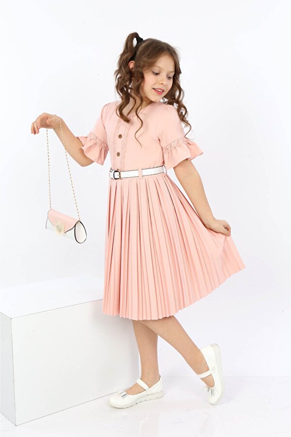 Cansın Mini Kız Çocuk Dantelli Çanta ve Kemerli Pileli Elbise 4-12 Yaş 13807