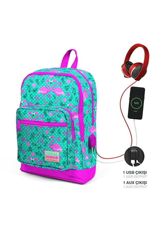 Coral High Kids Su Yeşili Pembe Flamingo Desenli Dört Bölmeli USB Şarjlı Kulaklık Çıkışlı Okul Sırt Çantası 23812