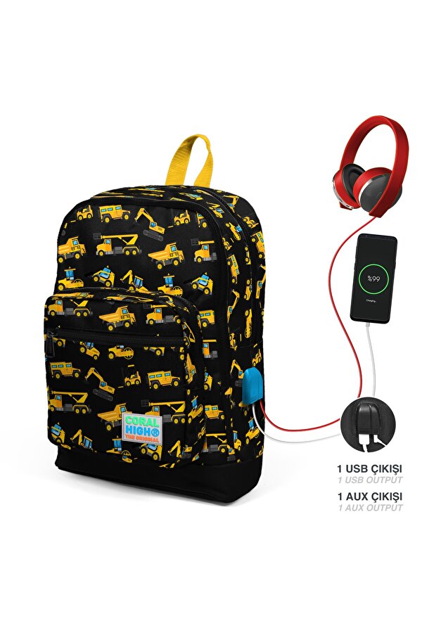 Coral High Kids Siyah Sarı İş Makinesi Desenli Dört Bölmeli USB Şarjlı Kulaklık Çıkışlı Okul Sırt Çantası 23288