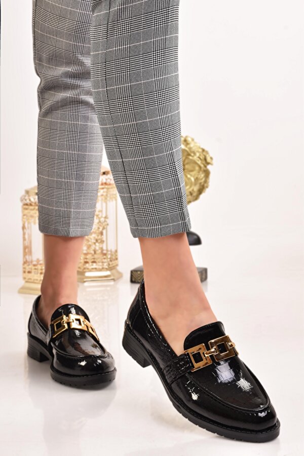 Odesa Ayakkabı Kadın Laofer Siyah Zincir Detaylı Günlük Babet Ayakkabı